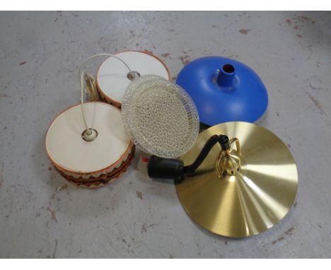 A pair of mid 20th century continental fabric pendant light fittings together with two further metal light fittings 