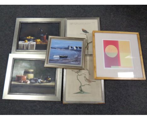 Six framed pictures to include two framed Italian book plates depicting birds, a contemporary print titled sunset etc