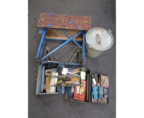 Two metal concertina toolboxes containing tools, paintbrushes, wallpapering brushes together with a galvanized metal bucket w