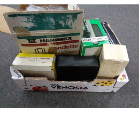 A box of a quantity of vintage camera and photographic equipment to include Hanimex projector, Royal Super 8 projector, stere
