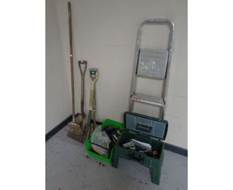A garden storage stool and box containing power tools, hand tools, brass door handles together with a pair of folding alumini