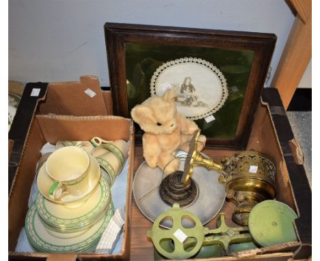 A Gibsons paint tea service, green and gilt border on cream ground to include four cups, five saucers, six side plates, milk 