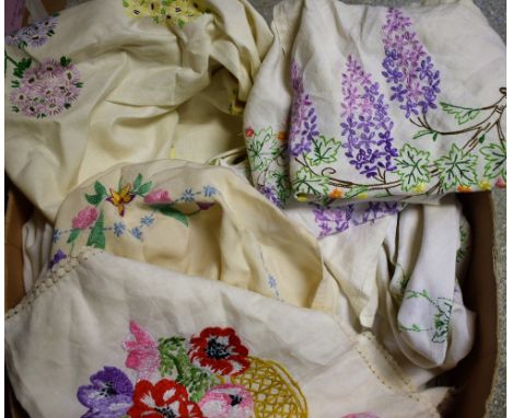 Textiles - lace edged linen tablecloths; hand embroidered floral tablecloths including crinoline lady