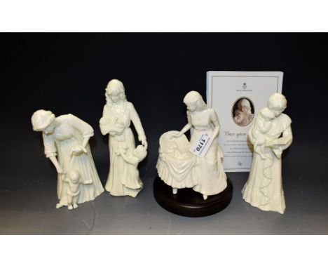 A set of three Royal Worcester ceramic figural groups, First Steps, Once Upon A Time and New Arrival; another, Mother's Love 