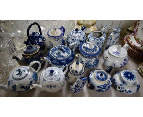 Teapots - a Wedgwood Fallow Deer blue and white pattern teapot; others, Royal Copenhagen, Doulton's Willow, etc (15)