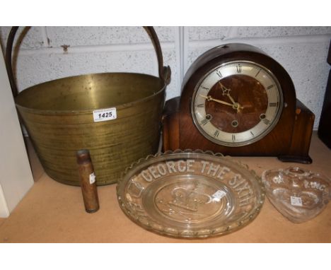 An oak mantel clock, Westminster chime; a brass jam pan; two royal commemorative pressed glass dished, 1902 and 1937; a WWII 