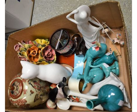 A Japanese Satsuma jar and cover; other Oriental sundries; ceramic animal models, vases, etc