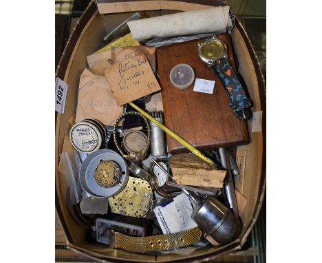 A box of watchmakers tools; watch parts; etc.