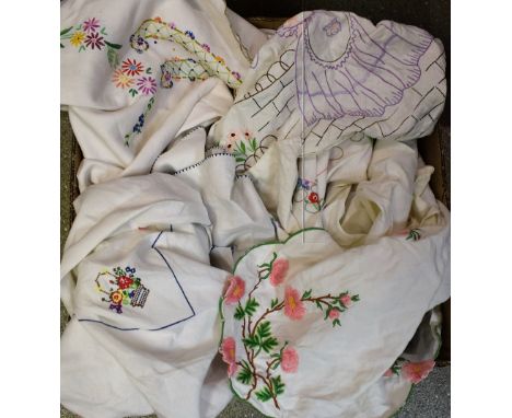 Textiles - hand embroidered linen tablecloths including crinoline lady, English country garden flowers