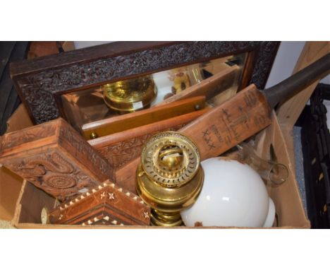 Boxes and Objects - a Duplex brass oil lamp with white glass shade; a carved wooden box decorated with dragons; another, Angl