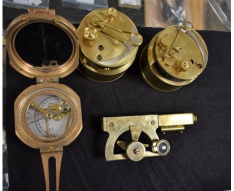 A 19th century style brass compass; others; a surveying instrument, inscribed Stanley, London, mkIII 1941 (3)