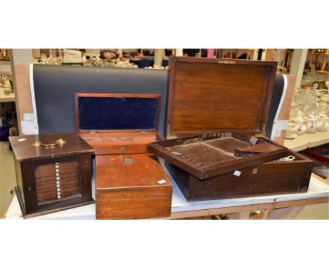 A mahogany table top canteen box with recessed handles and part fitted interior; others similar; a small twelve drawer specim