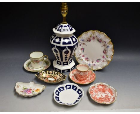 Royal Crown Derby - a Royal Antoinette plate; a 2451 pin dish; a Red Aves coffee can and saucer; a Posies pin tray; an unfini