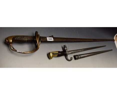 Militaria - a late 19th century French Gras sword bayonet, the inscribed blade dated 1879, marked 25538, the steel scabbard m