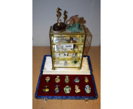 Boxes & objects - a set of ten miniature cloisonne enamelled urn vases, cased; a glass counter top display cabinet containing