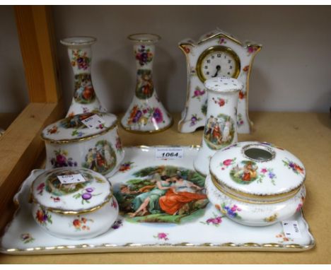 Ceramics - a Victoria china dressing table set decorated with scenes of pastoral classical scenes, comprising a clock, hat pi
