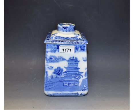 A Ringtons Tea Merchants blue and white tea caddy