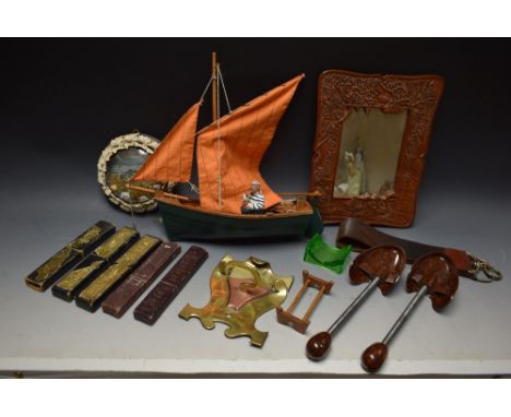 Boxes and Objects - cut throat razors, cased (5); a leather strop; other, wooden boat model, bakelite shoe stretchers, etc