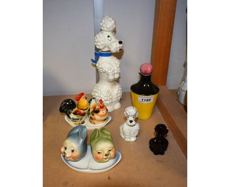 Goebel Pottery - a novelty Hummel white Poodles three piece cruet set, others on stands Chickens, Cats Heads etc (10)