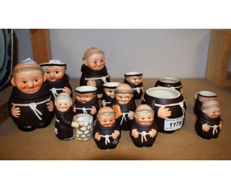Goebel Pottery - a large brown monk preserve jar; Money box,  large jug; others smaller cruet set, etc  (14)