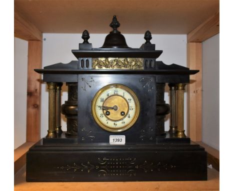 A Victorian black slate architectural mantel clock, bronzes details, bell domed top, column sides, 41cm high, c.1880