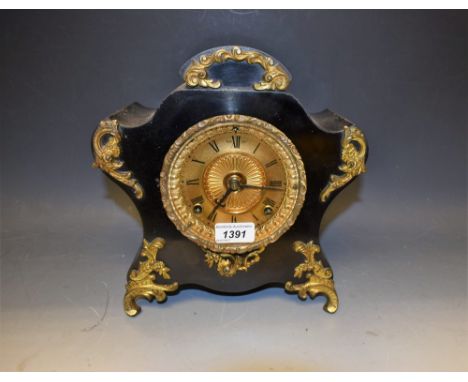 A French style mantel clock, metal cased, Ansonia Clock Co, New York, USA, Roman numerals, twin winding holes