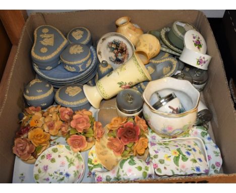 Ceramics - Wedgwood jasper ware including trinket boxes, dishes, etc; others, Royal Doulton, Royal Worcester, flower baskets,