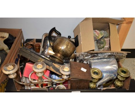 Metal ware and objects to include silver plated candelabra; plated trays; flatware; Lilliput Lane cottages; a leather covered
