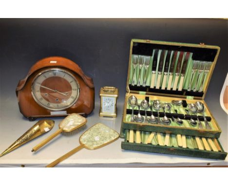 A Smiths wooden mantel clock; a Woodford carriage clock; others, canteen of cutlery, etc