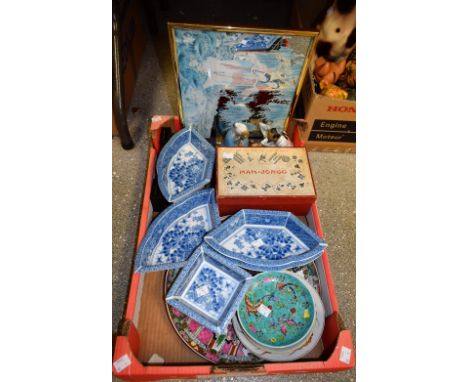 A Chinese famille rose charger; other Chinese export ware; a Chinese cork diorama; others, Mah-Jong game, ceramic figure grou