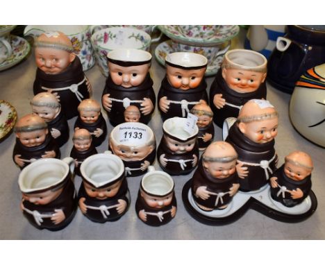 Goebel Pottery - a large brown monk preserve jar; large jug; others smaller ;  three piece cruet set on stand, etc (19)