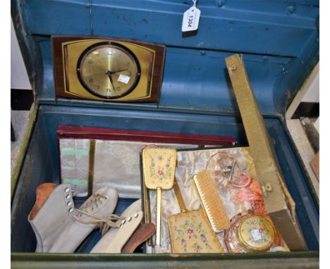 A metal travel trunk; ice skates; a lady's dressing table set with scent atomiser, boxed; a set of linen handkerchiefs; Metam