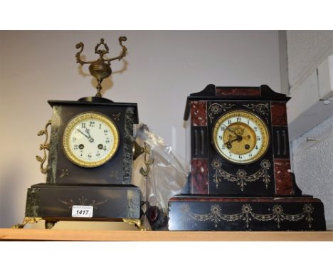 A French slate mantel clock, brass dial, Arabic numerals, twin winding holes, 30cm wide, 31cm high, late 19th century, pendul