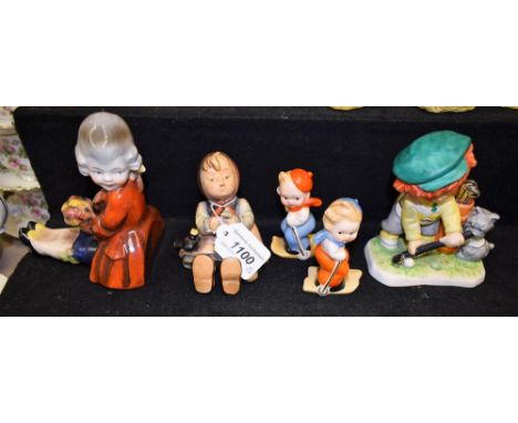 Goebel Pottery - a Hummel figures, golfer and terrier, no BY1-83;  others Knitting, Skiers etc (5) 
