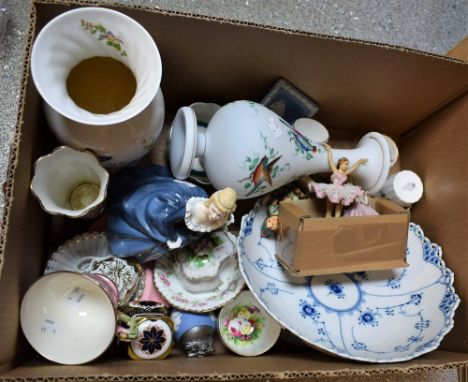 Ceramics - a Royal Copenhagen fruit bowl; frosted milk glass vase, hand painted with birds; Goebel figues; a Royal Crown Derb