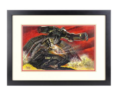 ROBOT JOX (1989) - Framed Hand-Painted Nikita Knatz Robot Gladiator Concept Illustration - A framed robot gladiator concept i
