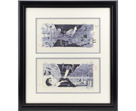 STAR WARS: RETURN OF THE JEDI (1983) - Framed Pair of Hand-Drawn Dave Carson "Space Battle" Storyboards - Two framed "Space B