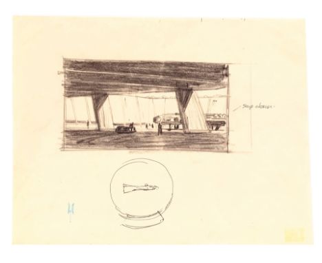 STAR WARS: A NEW HOPE (1977) - Hand-Drawn Ralph McQuarrie Mos Eisley Spaceport Docking Area Concept Sketch - A concept sketch