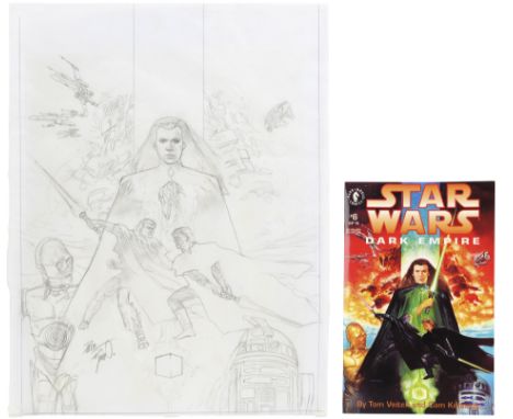 DARK HORSE COMICS - William Plumb Collection: Matted Hand-Painted Dave Dorman Star Wars: Dark Empire No. 6 Cover Sketch - A m