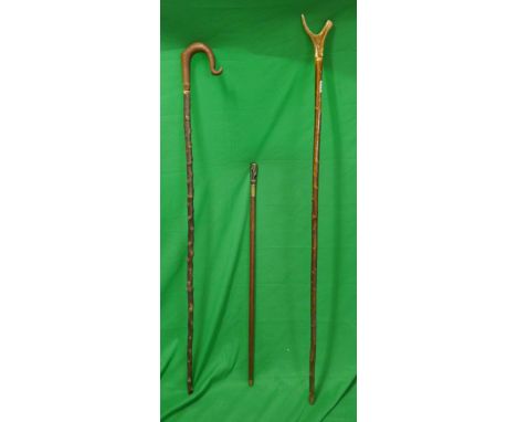 2 Walking staffs and a walking stick with unusal broze horse handle 