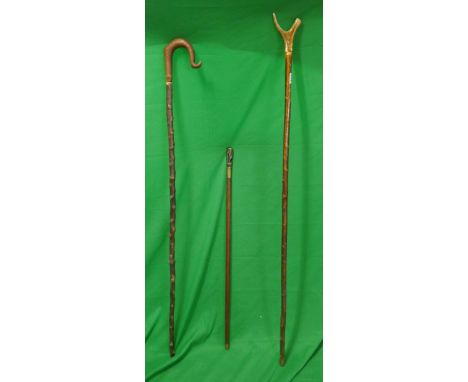 2 Walking staffs and a walking stick with unusal broze horse handle 