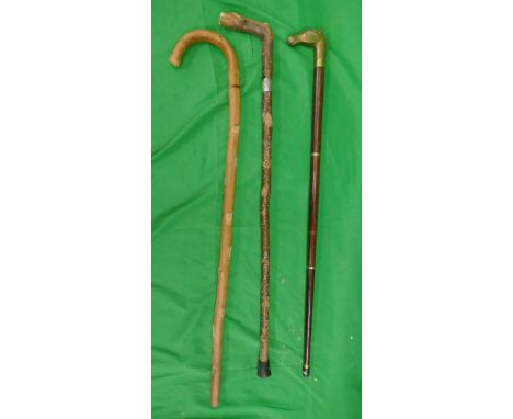 3 walking sticks to include 1 with drinking flask 