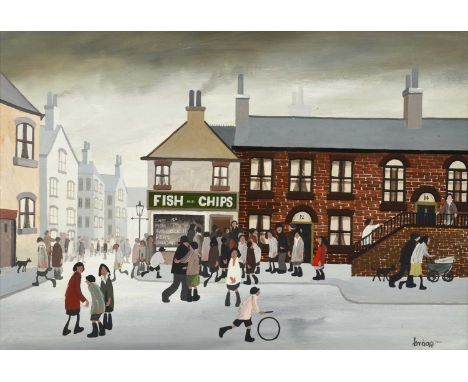 Brian Shields "Bráaq" FBA (1951-1997)"Fish and Chips"Signed and inscribed "Ann", oil on panel, 34.5cm by 49.5cmSome light sur