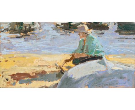 Tom Coates NEAC (1941-2023)Portrait of the artist’s wife Mary Jackson on a beach Initialled, oil on board, 12cm by 17cm