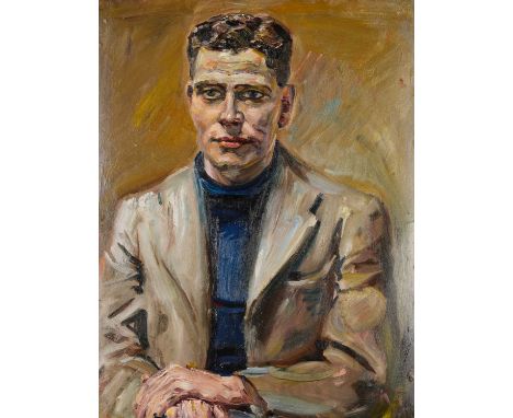 Kurt Schwitters (1887-1948) German Portrait of John Mackereth  Initialled and dated (19)40, oil on board, with 1942-3 newspap