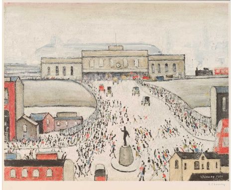 After Laurence Stephen Lowry RBA, RA (1887-1976)"Station Approach"Signed, with the blindstamp for the Fine Art Trade Guild, a