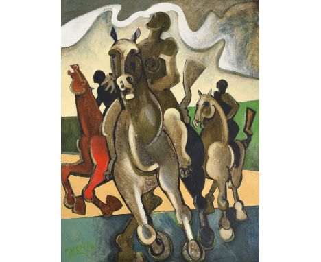 Geoffrey Key (b.1941)"Horses"Signed and dated (19)87, oil on canvas, 121cm by 90.5cmProvenance: Purchased from the artist Som