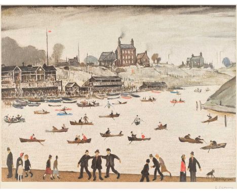 After Laurence Stephen Lowry RBA, RA (1887-1976)"Crime Lake"Signed, with the blindstamp for the Fine Art Trade Guild, a colou