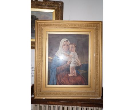 Early gilt framed print depicting mother &amp; child 94 cm x 80 cm 