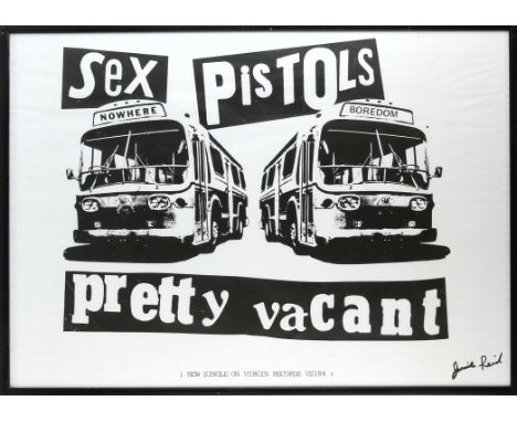 Sex Pistols: Jamie Reid. Pretty Vacant  a promotional poster Signed by Jamie Reid lower right, 40 x 29 ¼ inches overall. fram